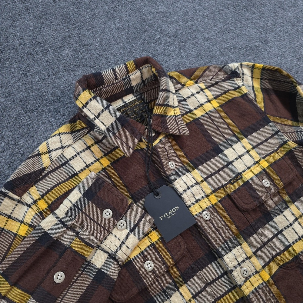 Filson Shirt Mens Small Brown Yellow Plaid Vintage Flannel Workwear Hiking NEW
